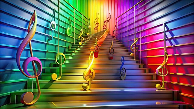 Vibrant colorful musical notes and treble clef symbols ascend a staircase of staff lines, creating a beautiful harmony of sound and visual artistry.