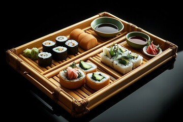 a meticulously arranged sushi platter in a minimalist Japanese setting and  serve with tradition Japanese food 