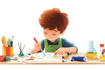 A boy working on his science project at the dining table, with various materials and tools scattered around him
