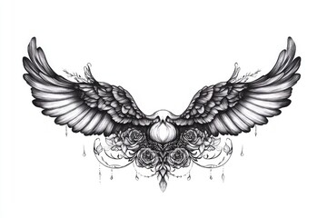 Obraz premium Black and White Drawing of a Pair of Wings with Flowers