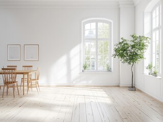 Fototapeta premium A large, empty room with a wooden table and chairs