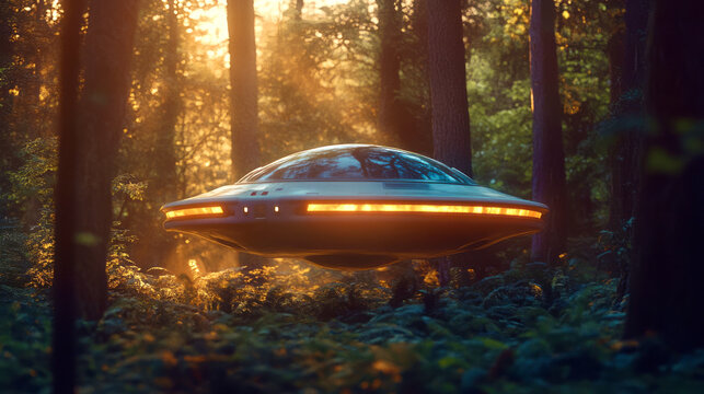 A glowing UFO UAP NHI USO hovers silently among the trees of a dense forest at sunrise, hinting at extraterrestrial mysteries.

