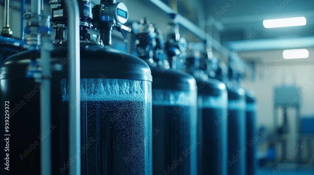 Wall mural industrial row of large blue metal cylindrical tanks inside a modern manufacturing facility under br