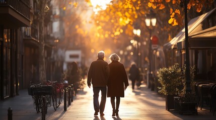 Elderly couple walking down a street at sunset