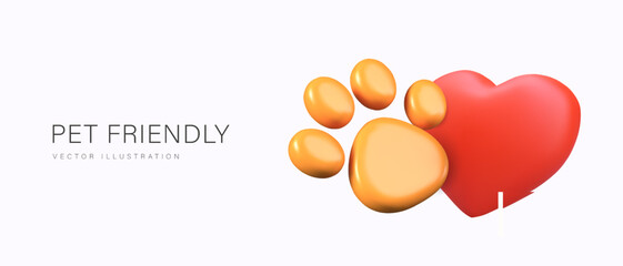 Cute vector pet friendly concept in 3D style. Big paw print, heart