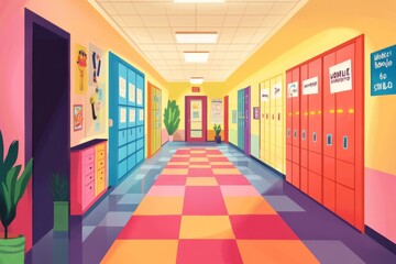 A cheerful school hallway decorated with colorful lockers, posters, and a welcome sign Illustration --ar 3:2 --v 6.1 Job ID: 816a9473-fca5-4ef6-a3fb-139de459137c