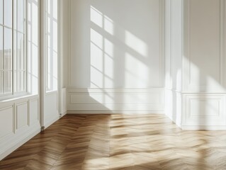 Obraz premium A large room with white walls and wooden floors