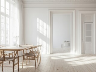 Fototapeta premium A large, empty room with a white door and a window