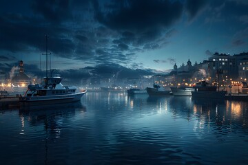 Fototapeta premium Nighttime Cityscape with Boats and Reflections