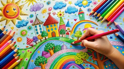 Fototapeta premium Vibrant crayons and markers scattered around a colorful drawing of a fantasy world, with a child's hand holding a pencil, surrounded by happy scribbles.