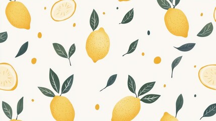 A pattern featuring lemons and leaves on a light background.