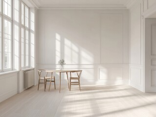 Fototapeta premium A large, empty room with a white wall and a large window