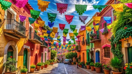 Naklejka premium Vibrant decorations and colorful papel picado fill the air in this lively Mexican street scene, capturing the essence of festive Latin American culture.