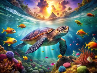 Obraz premium Surreal Underwater Encounter: Turtle and fish depicted in a dreamlike underwater realm, with vibrant colors, distorted perspectives, and a sense of wonder.