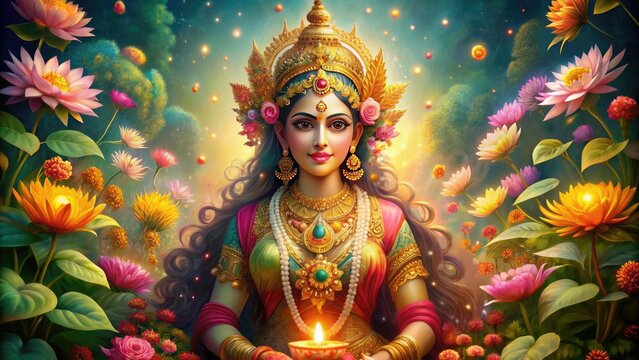 Vibrant depiction of a serene Hindu goddess with intricate gold jewelry and flowing garments, surrounded by lush flowers and soft, warm lighting.