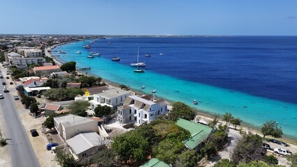 Caribbean Skyline At Kralendijk In Bonaire Netherlands Antilles. Island Beach. Blue Sea Landscape....