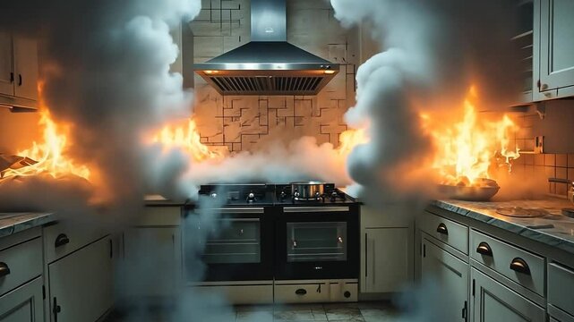 A sudden kitchen fire eruption causes chaos with thick smoke and flames in a residential home during the afternoon