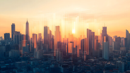 Fototapeta premium Vibrant City Skyline with Employment Outlook Statistics Overlay, Highlighting Urban Development-Job Opportunity Connection.