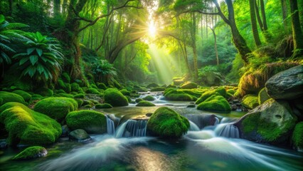 Vibrant emerald green water flows gently over moss-covered rocks in a serene, sun-dappled forest stream, surrounded by lush tropical foliage and warm ambient light.