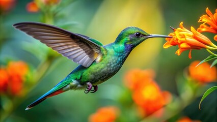 Fototapeta premium Vibrant emerald hummingbird with iridescent feathers and long, extendable tongue sips nectar from a bright orange flower in a lush, tropical garden setting.