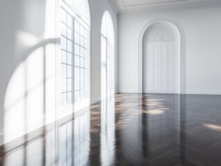 A large room with a white door and two windows