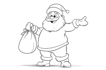 Black and white cartoon drawing of happy Santa Claus holding bag full of Christmas gifts