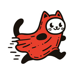 running cat in a red cape pretends to be a ghost funny Halloween sketch