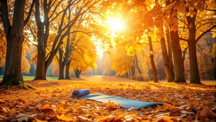 Vibrant fall foliage surrounds a serene yoga practice, warm sunlight filtering through trees as a solitary mat lies peacefully on a crunchy carpet of Autumn leaves.