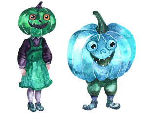 Halloween background. Watercolor girl with a pumpkin on her head. A carved Jack O Lantern on the legs.Pumpkin head children.
