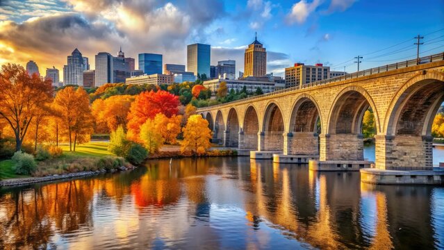 Vibrant fall foliage surrounds the tranquil Stone Arch Bridge over the Mississippi River in Minneapolis, Minnesota, on a crisp autumn afternoon.