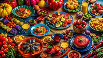 Fototapeta premium Technicolor Feast: Bold, primary colors, sharp contrasts, meticulous rendering, dynamic composition