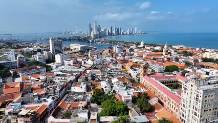 Fototapeta premium Cartagena De India Skyline At Cartagena De India In Bolivar Colombia. Caribbean Cityscape. Downtown Background. Cartagena De India At Bolivar Colombia. Tourism Landscape. Walled City Landmark.