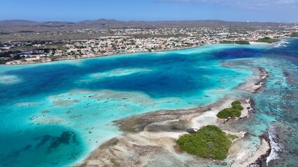 Caribbean Skyline At Oranjestad In Caribbean Netherlands Aruba. Caribbean Beach. Blue Sea Background. Oranjestad At Caribbean Netherlands Aruba. Tourism Landscape. Nature Seascape.