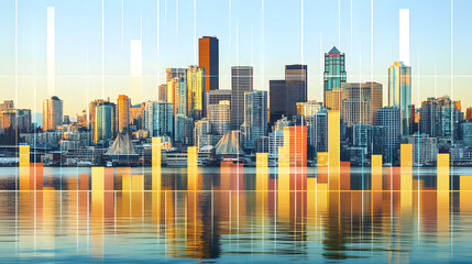 Fototapeta premium Vibrant City Skyline with Employment Outlook Statistics Overlay, Highlighting Urban Development-Job Opportunity Connection.