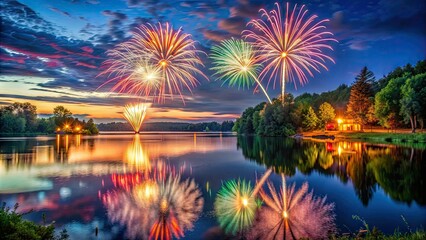 Fototapeta premium Vibrant fireworks exploding in the night sky above a tranquil lake, surrounded by lush green trees, celebrating Independence Day in small-town America.