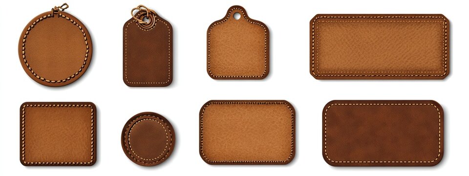 Set of brown isolated realistic leather patch. Label tag with seam template on transparent background. Vintage craft emblem design with string. Round and rectangle calfskin material sample  rivet.