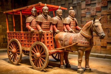 Fototapeta premium Terracotta Warrior Wagon: Earthy red exterior, geometric patterns, armored design, ancient symbolism, rugged practicality