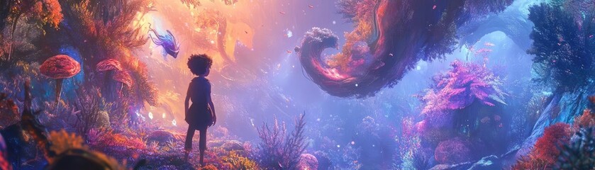 A child explores a vibrant, magical underwater world filled with colorful corals and glowing sea life, inspiring wonder and adventure.