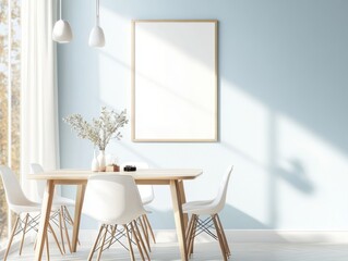 A white framed picture hangs on a wall above a wooden dining table