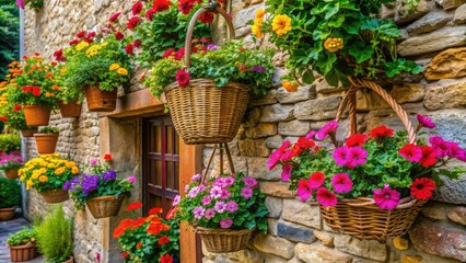 Vibrant flowers spill from rustic wicker hanging baskets attached to a weathered stone wall, adding a touch of whimsy to a charming outdoor courtyard.