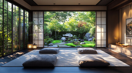 Fototapeta premium Japanese garden, house garden, tsuboniwa, Japanese style, Japanese living room, living, small garden, 