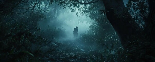 Obraz premium A mysterious figure shrouded in fog stands in a dark forest, evoking a sense of intrigue and the unknown.