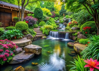 Tranquil Garden Oasis: Lush greenery, flowing water, serene and meditative ambiance
