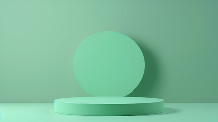 Minimal scene with green podium and mint leaves ,3d light green promo showcase podium mock up for cosmetic show realistic 
