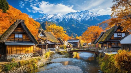 A picturesque village surrounded by autumn foliage and snow-capped mountains.