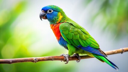 Obraz premium Vibrant green and blue plumage shines on a lone parrot perched on a.branch against a soft, blurred white background, showcasing its exotic beauty.