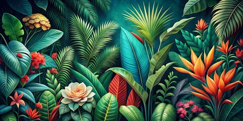 Tropical Fiesta: Exotic, Lively, Lush, Botanical, Festive, Emerald, Coral, Exuberance