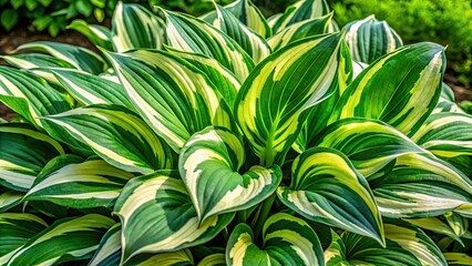 Vibrant green and white variegated Patriot hosta leaves sprout from the ground amidst a backdrop of lush summer foliage in a serene outdoor setting.