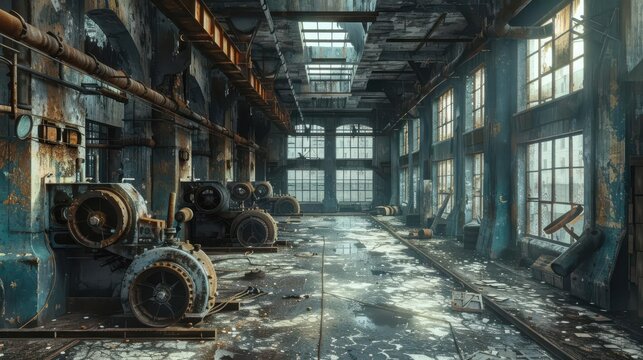 Dilapidated industrial factory with broken windows and rusting machinery, creating a nostalgic, abandoned atmosphere with natural light streaming in.