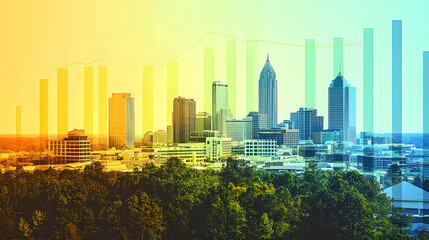Obraz premium Vibrant City Skyline with Employment Outlook Statistics Overlay, Highlighting Urban Development-Job Opportunity Connection.